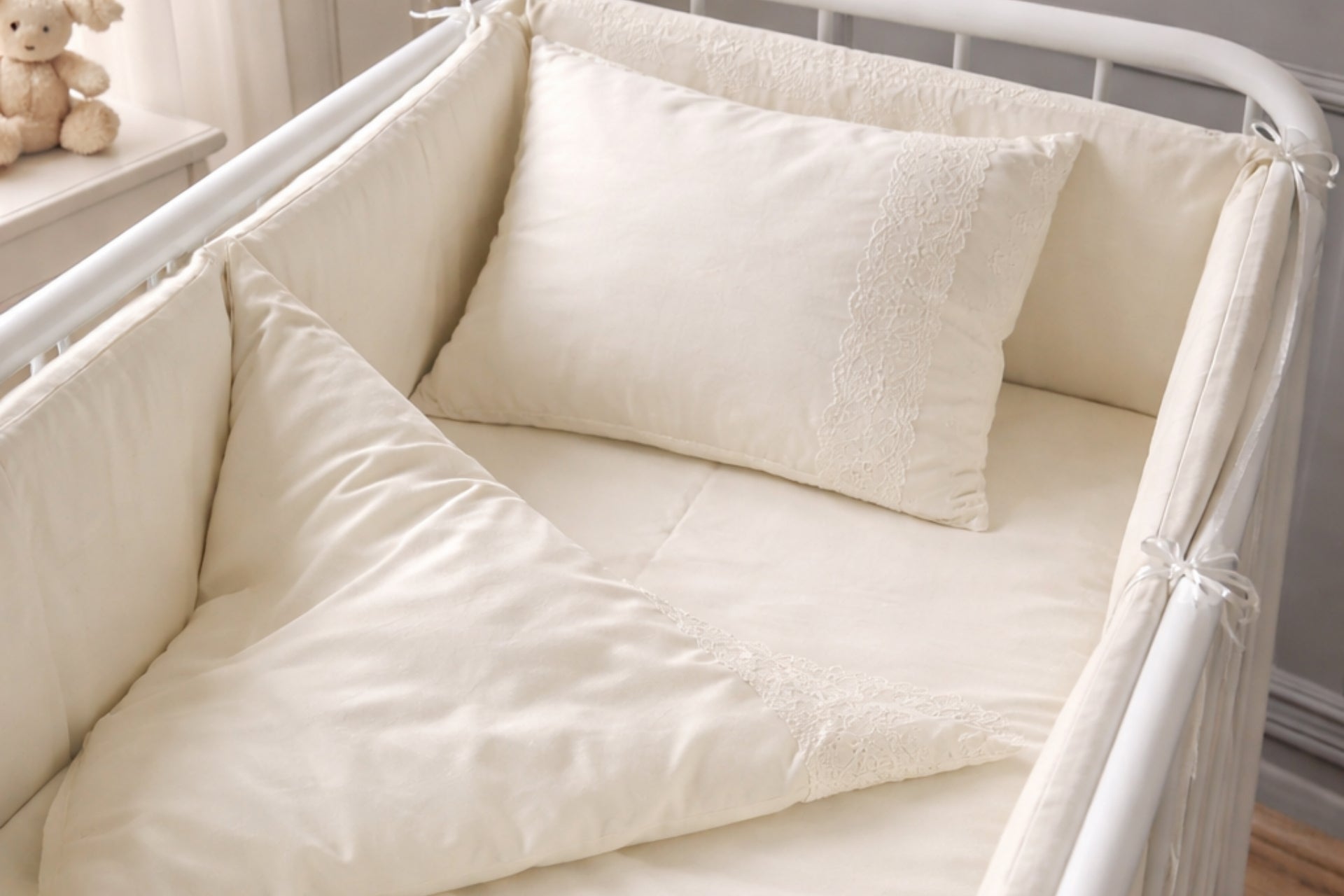 Argimo Bunny 4 Parça Bebek Beşik Fransız Güpürlü Kenar Yan Korumalık 60x120 Krem