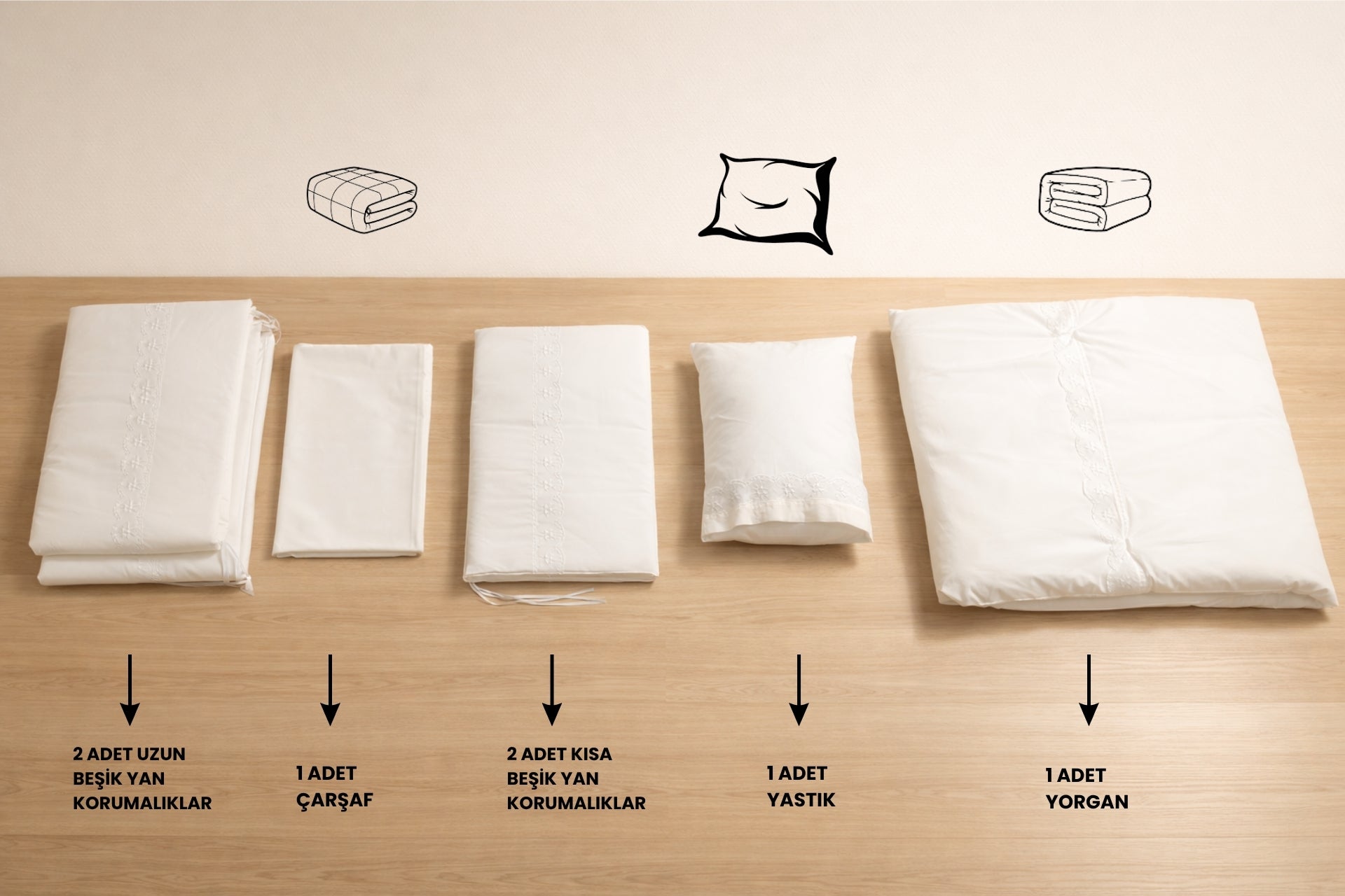 Argimo %100 Pamuk Bunny Beşik Bebek 7 Parça Fransız Güpürlü Uyku Seti Krem