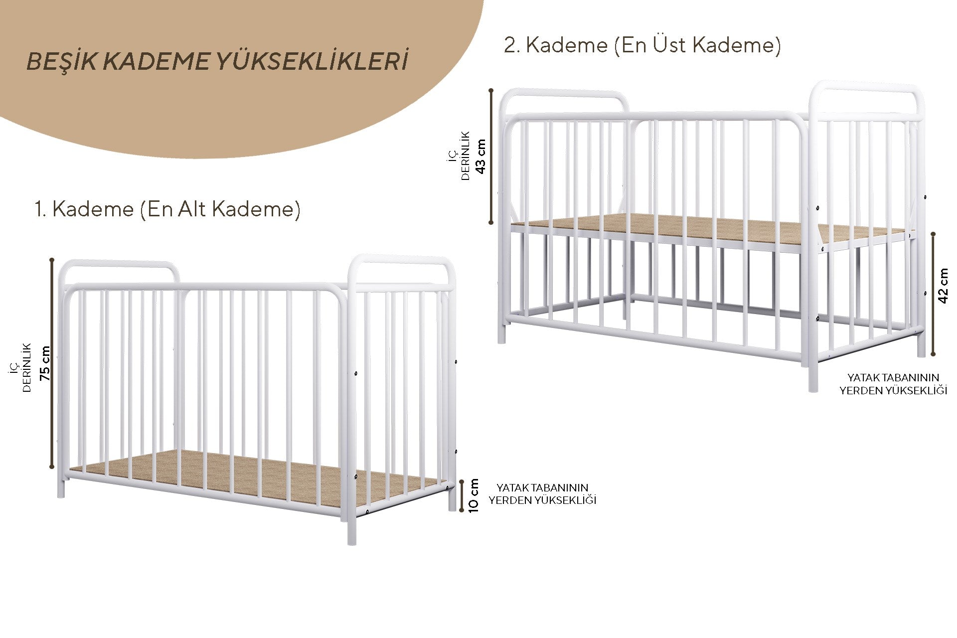 Argimo Bunny 2 Kademeli Metal Bebek Beşiği Anne Yanı Park Beşik Karyola 60x120 Beyaz (Cibinliksiz)