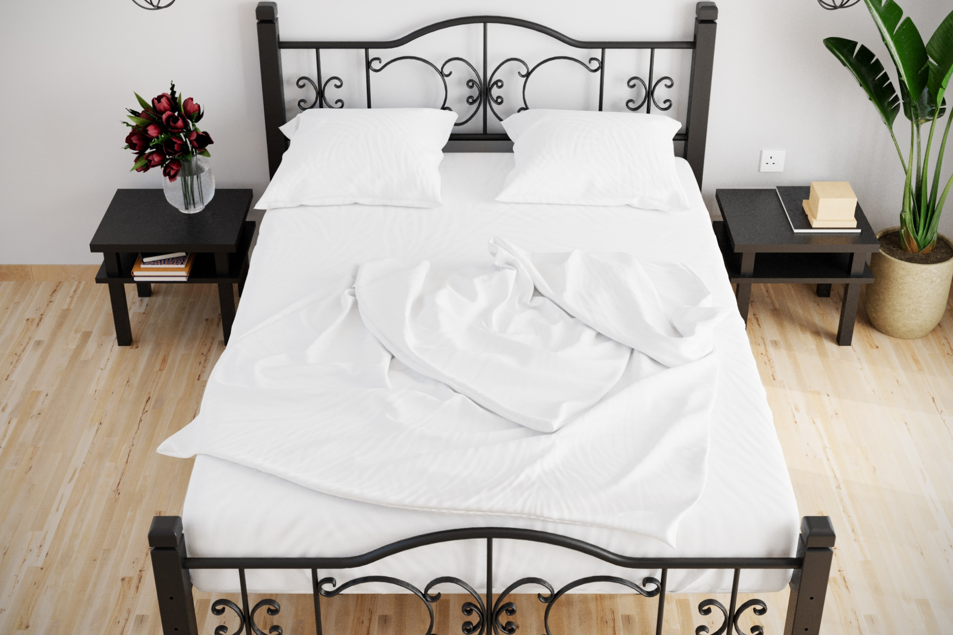 Argimo Yakamoz Çift Kişilik Ferforje Ahşap Metal Siyah Karyola