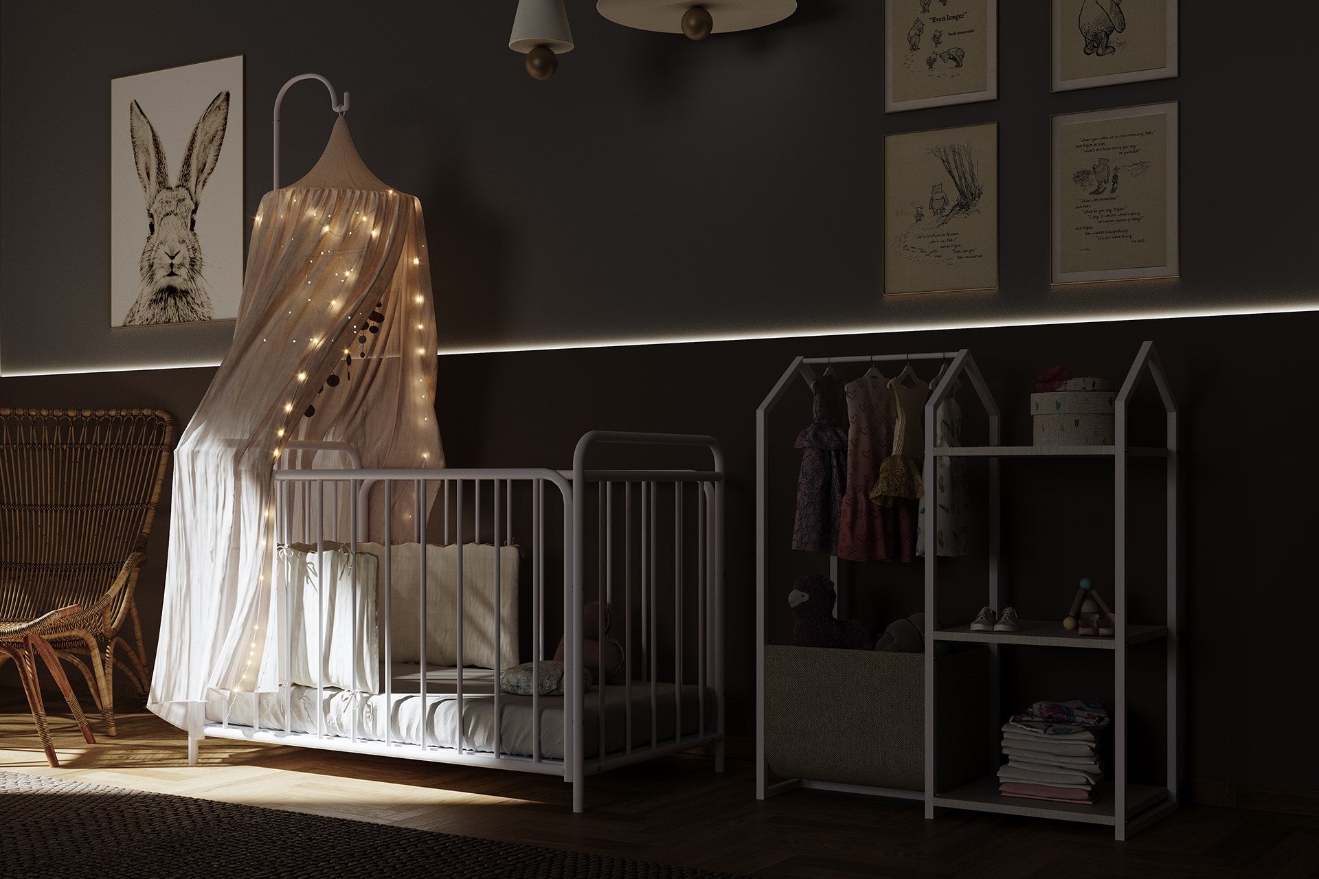 Argimo Bunny 2 Kademeli Metal Bebek Beşiği Anne Yanı Park Beşik Karyola 60x120 Beyaz (Cibinliksiz)