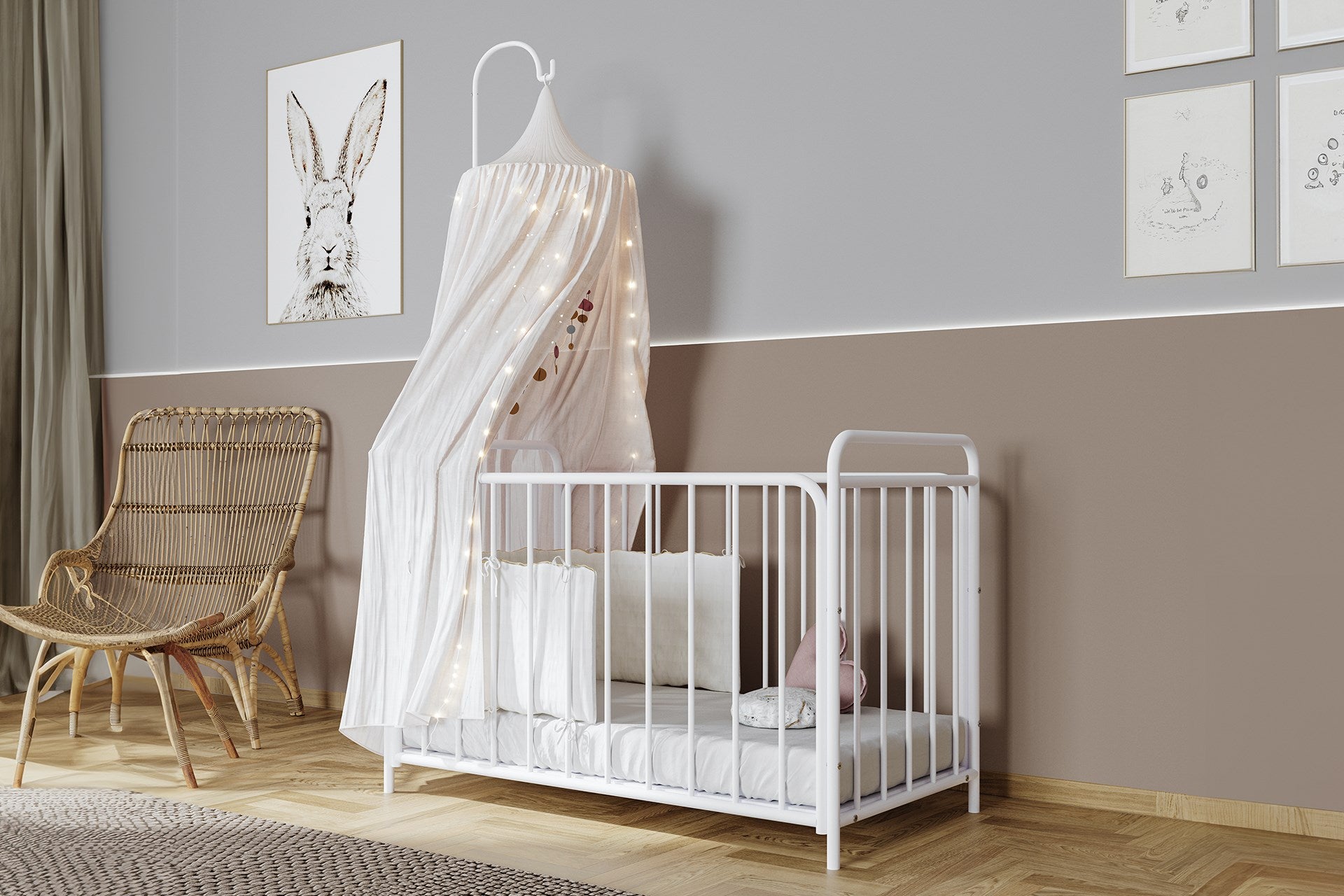 Argimo Bunny 2 Kademeli Metal Bebek Beşiği Anne Yanı Park Beşik Karyola 60x120 Beyaz (Cibinliksiz)