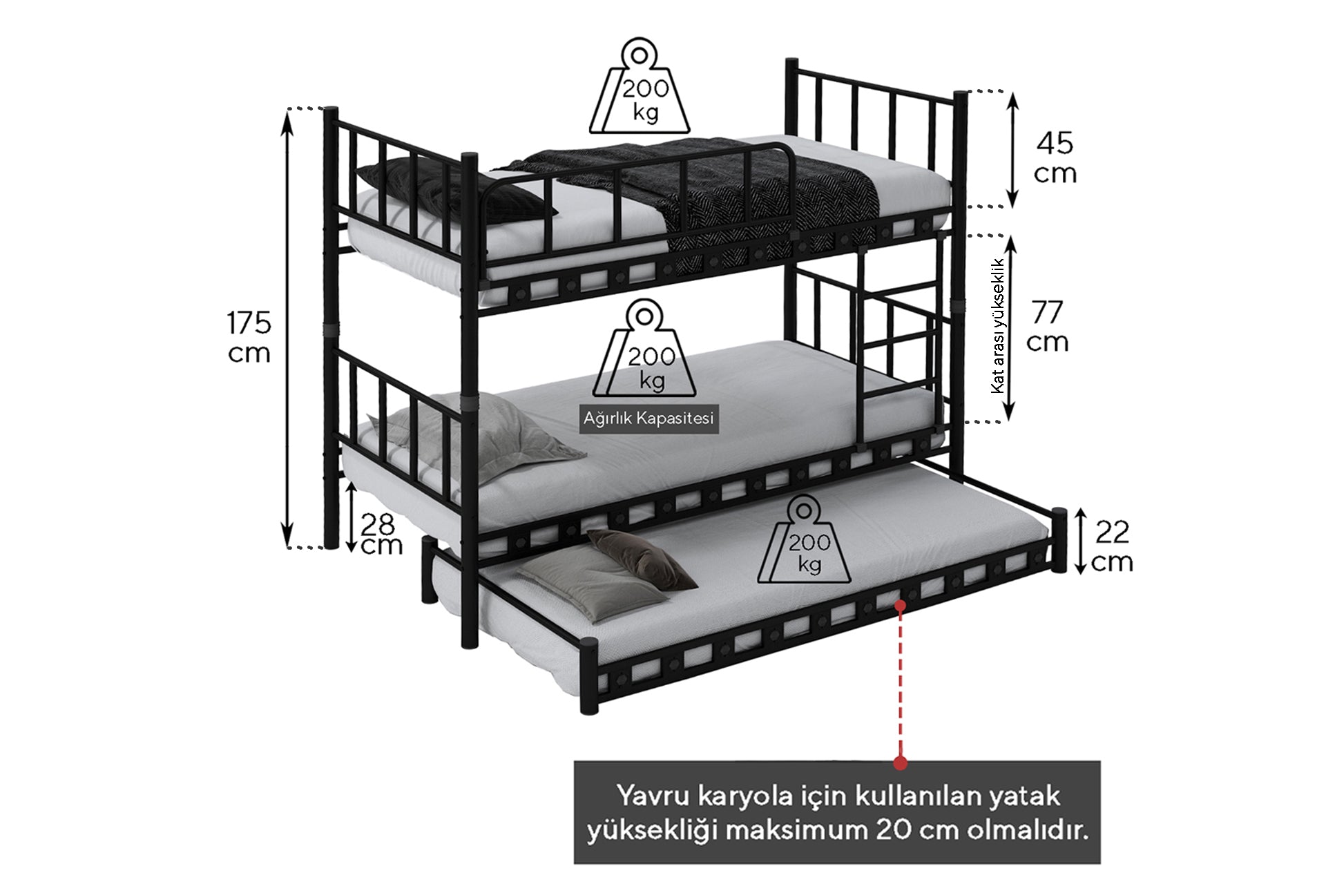 Argimo Zambak Yavrulu Genç Çocuk Odası Metal Ranza ve Karyola