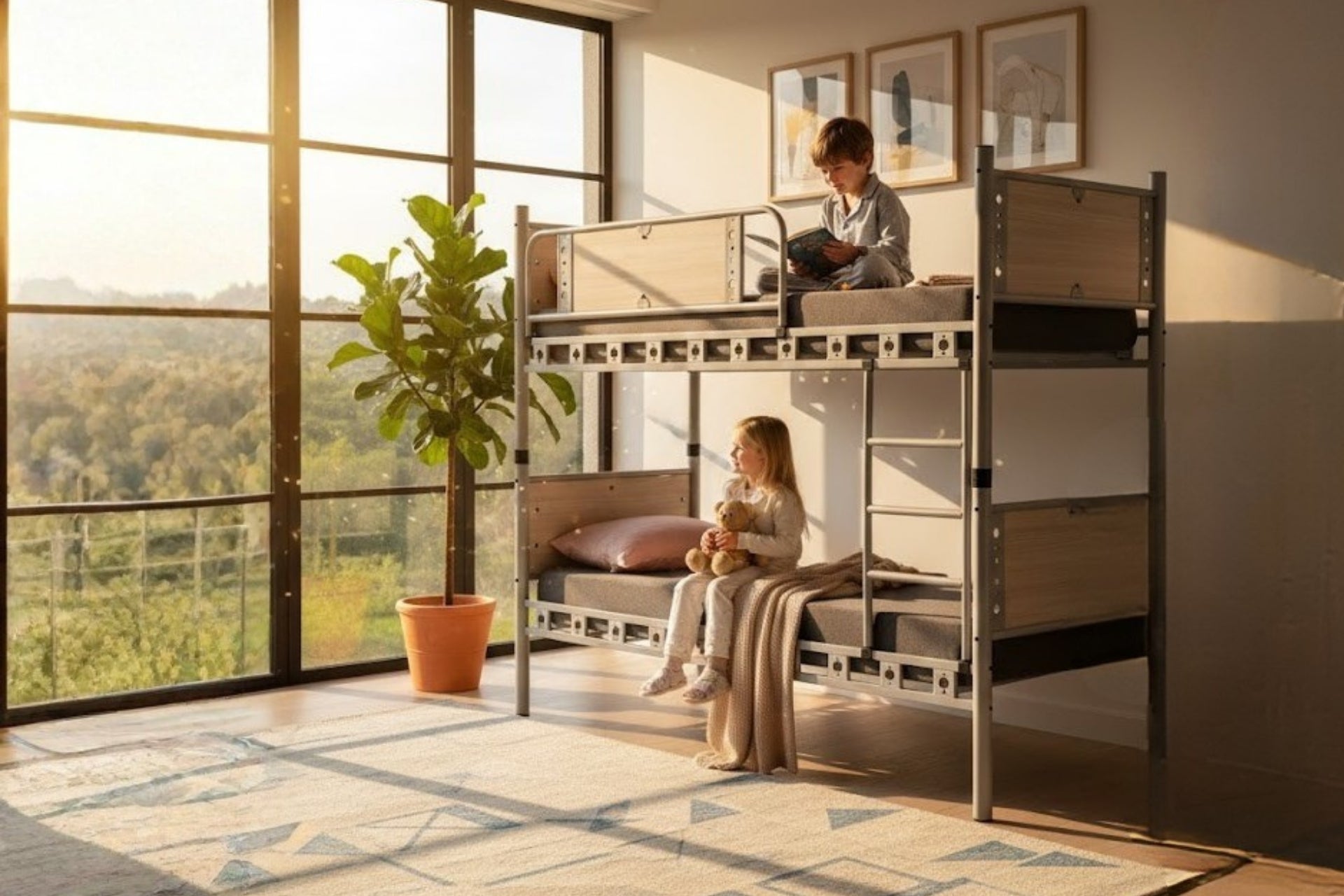 Argimo Elegan Genç Çocuk Odası Ahşap Başlıklı Metal Ranza ve Karyola