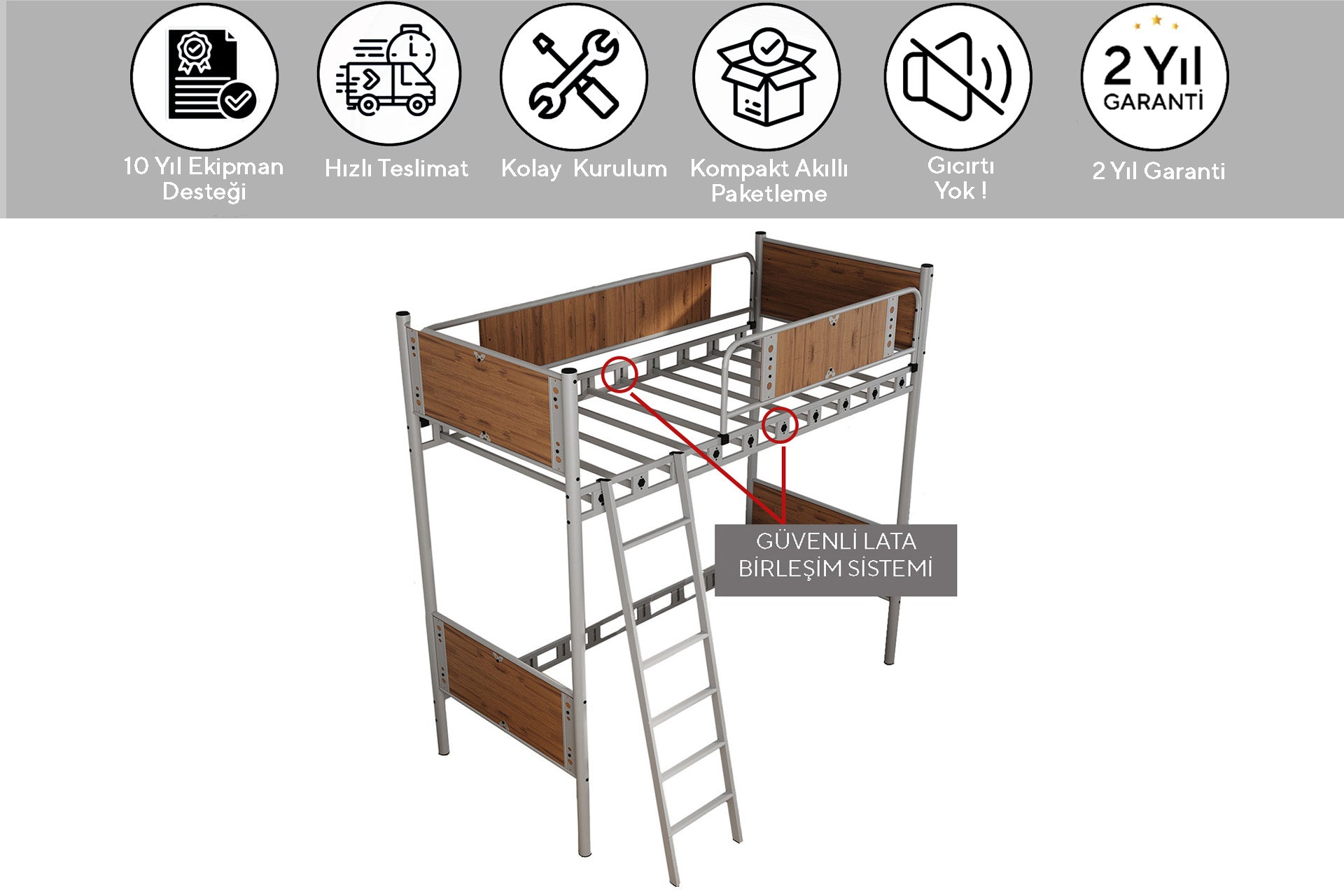 Argimo Prizma Genç Çocuk Odası Metal Ranzalı Gri Karyola