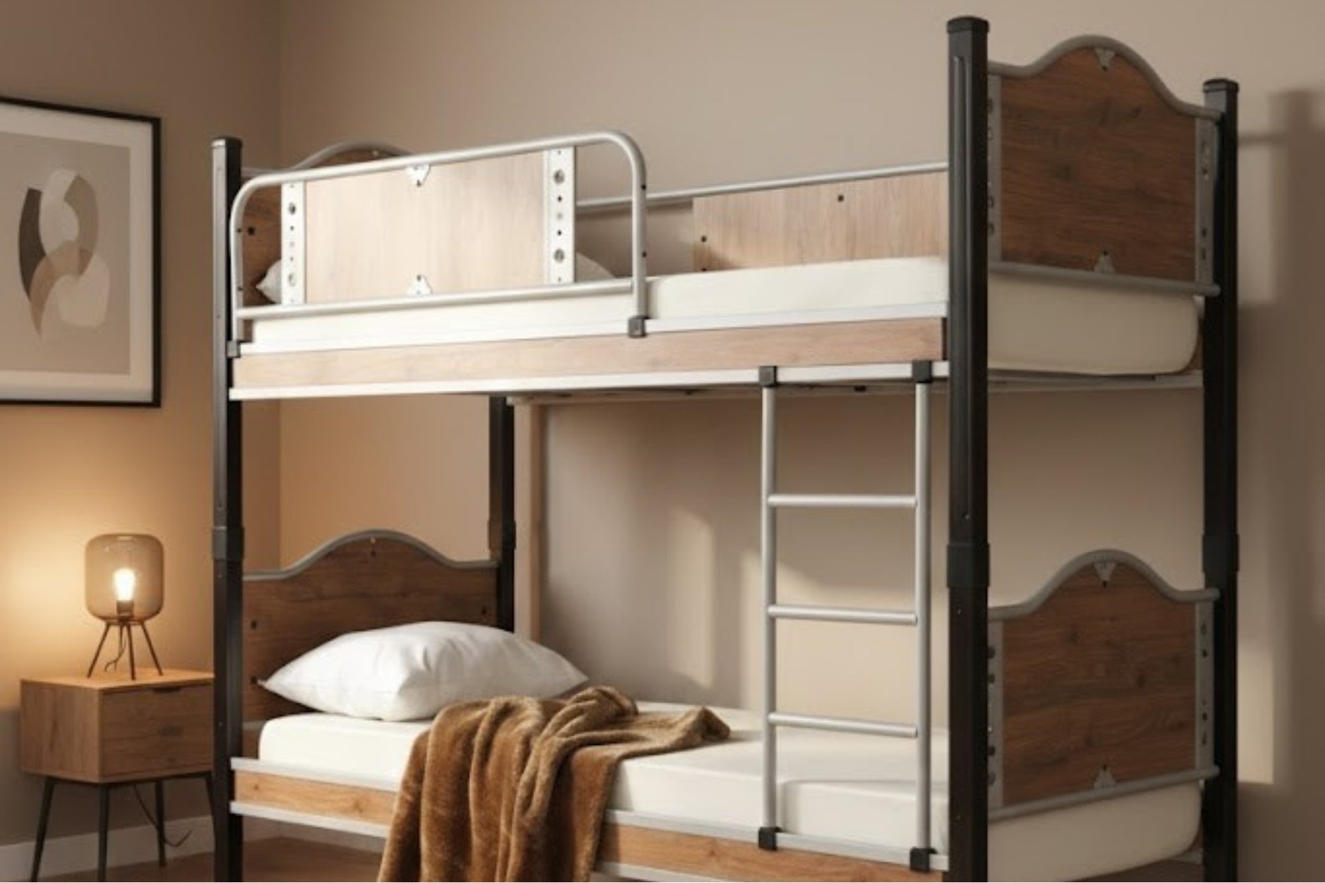 Argimo İnci Genç Çocuk Odası Metal Ahşap Siyah Ranza ve Karyola