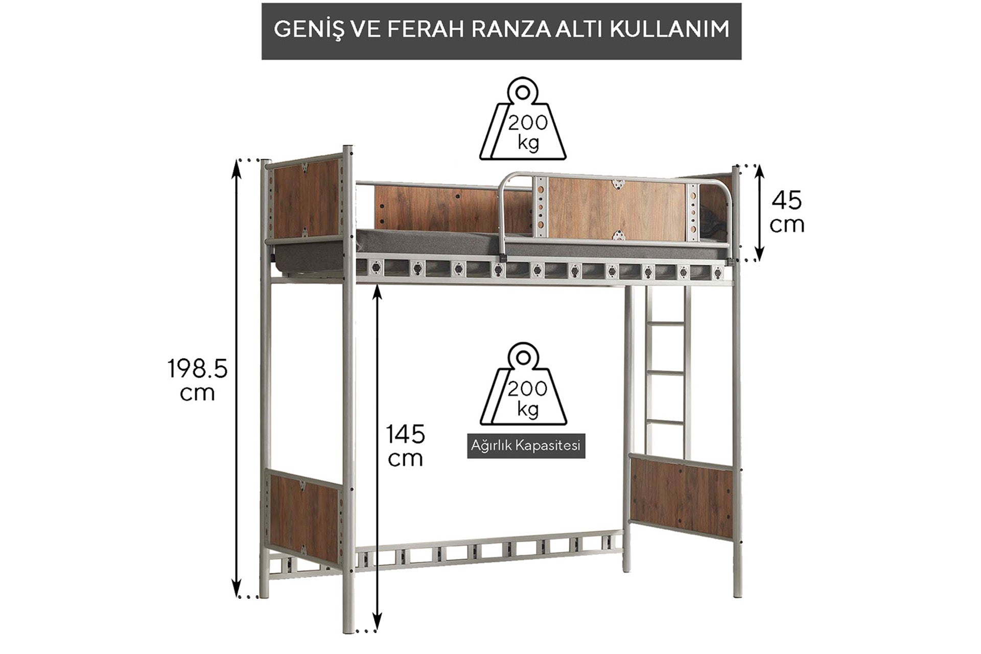 Argimo Prizma Genç Çocuk Odası Metal Ranzalı Gri Karyola