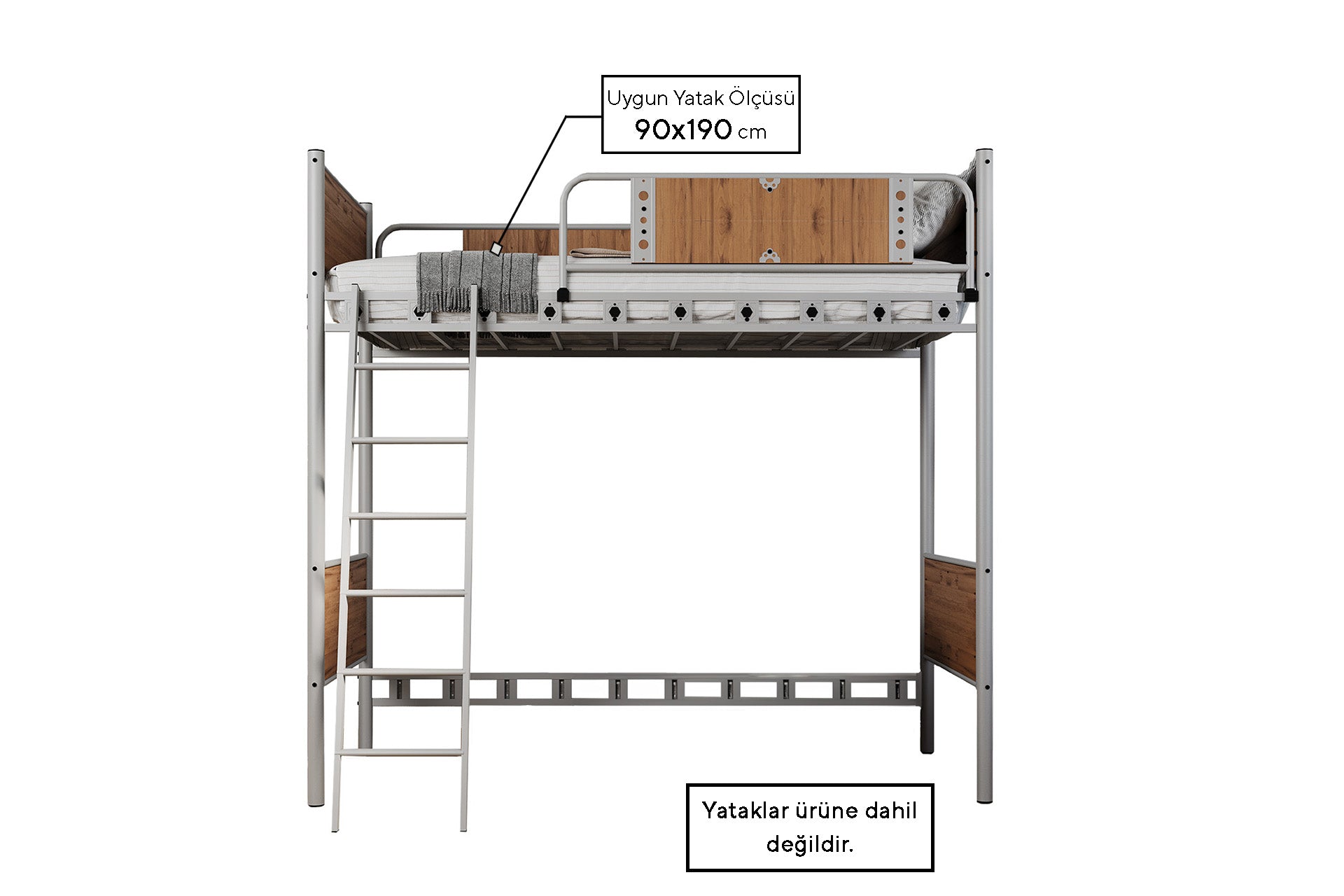Argimo Prizma Genç Çocuk Odası Metal Ranzalı Gri Karyola