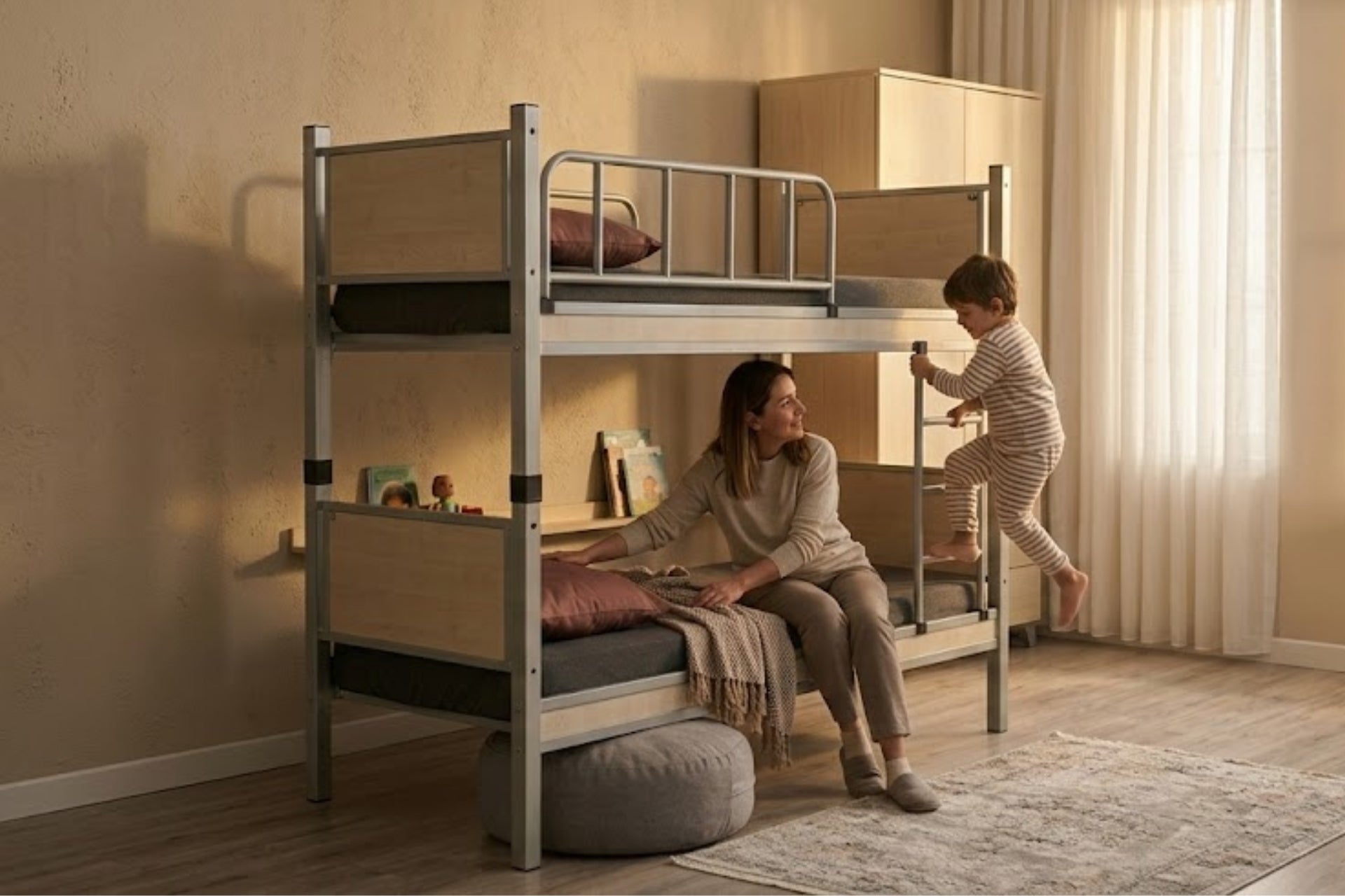 Argimo Yurt Genç Çocuk Odası Metal Ahşap Gri Ranza ve Karyola