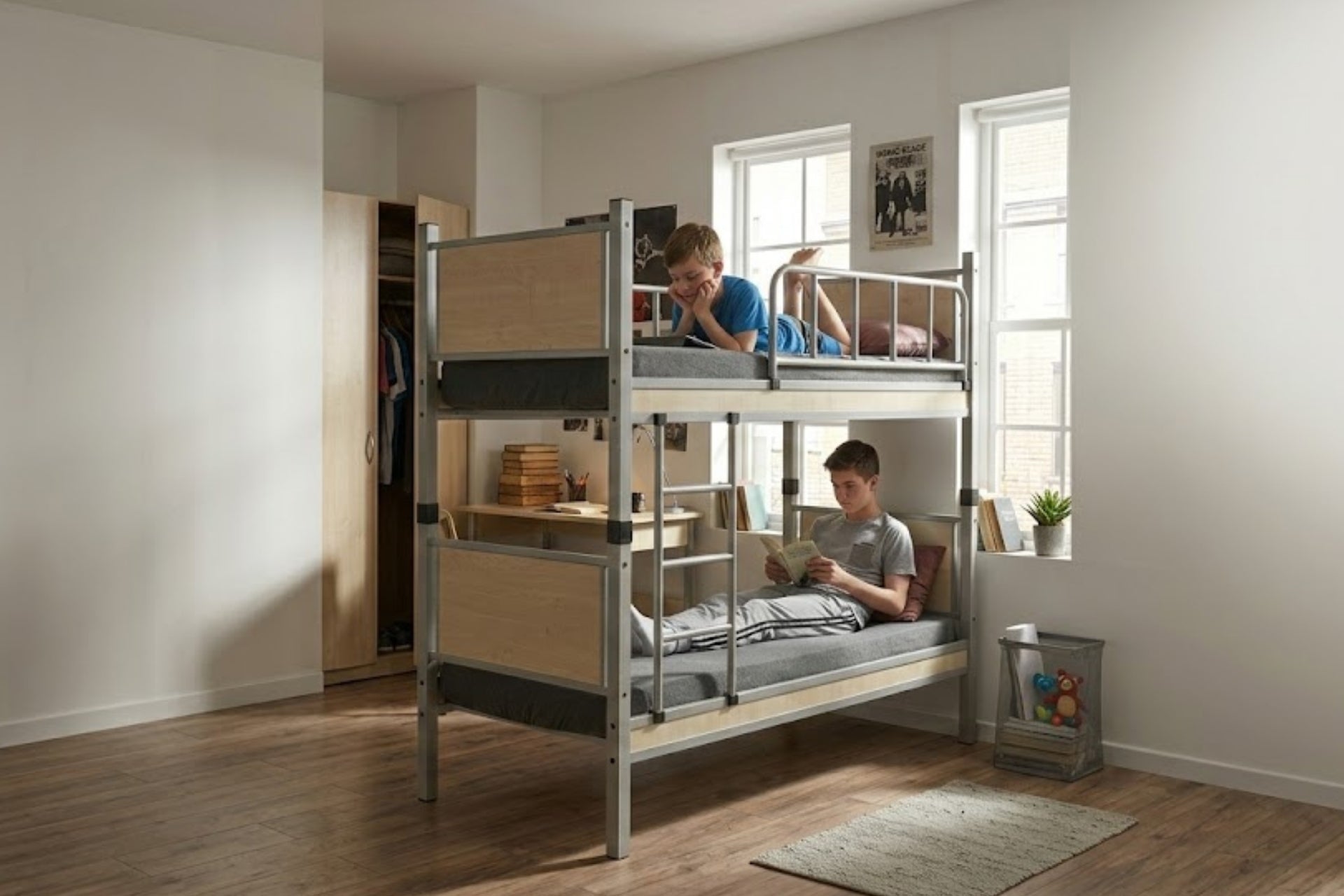 Argimo Yurt Genç Çocuk Odası Metal Ahşap Gri Ranza ve Karyola