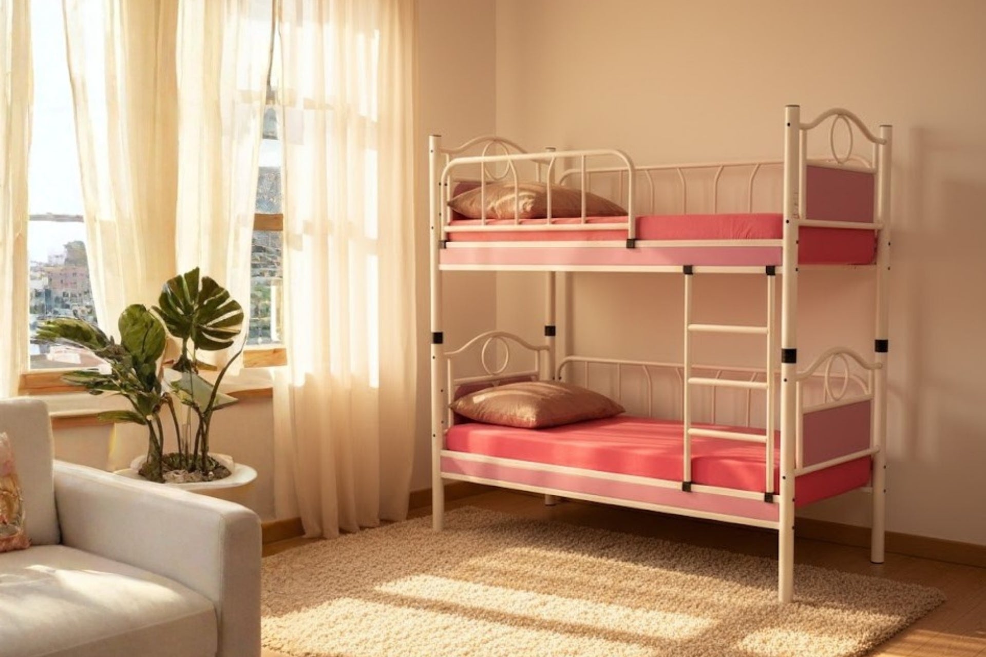 Argimo Zümrüt Bebek Çocuk Odası Ahşap Başlıklı Metal Beyaz Pembe Ranza ve Karyola