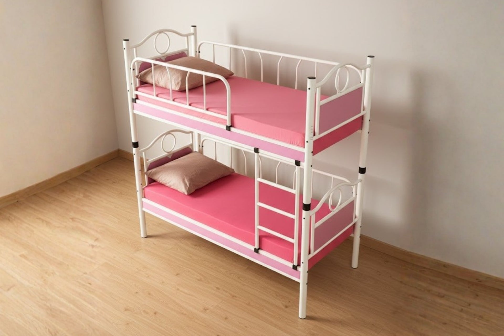 Argimo Zümrüt Bebek Çocuk Odası Ahşap Başlıklı Metal Beyaz Pembe Ranza ve Karyola