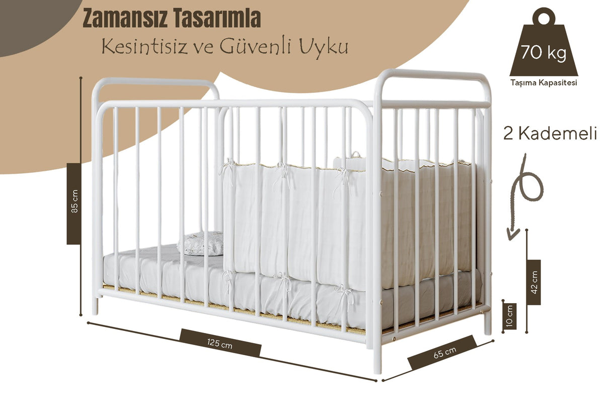 Argimo Bunny 2 Kademeli Metal Bebek Beşiği Anne Yanı Park Beşik Karyola 60x120 Beyaz (Cibinliksiz)