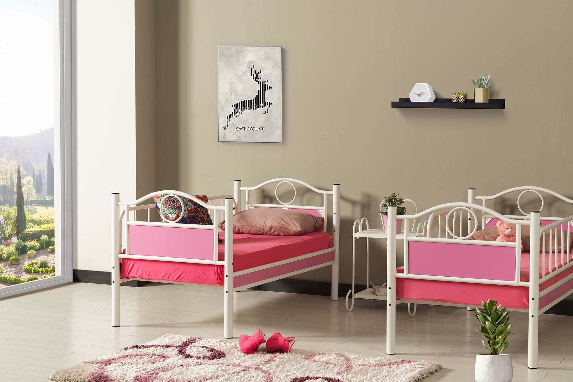 Argimo Zümrüt Bebek Çocuk Odası Ahşap Başlıklı Metal Beyaz Pembe Ranza ve Karyola - Argimo