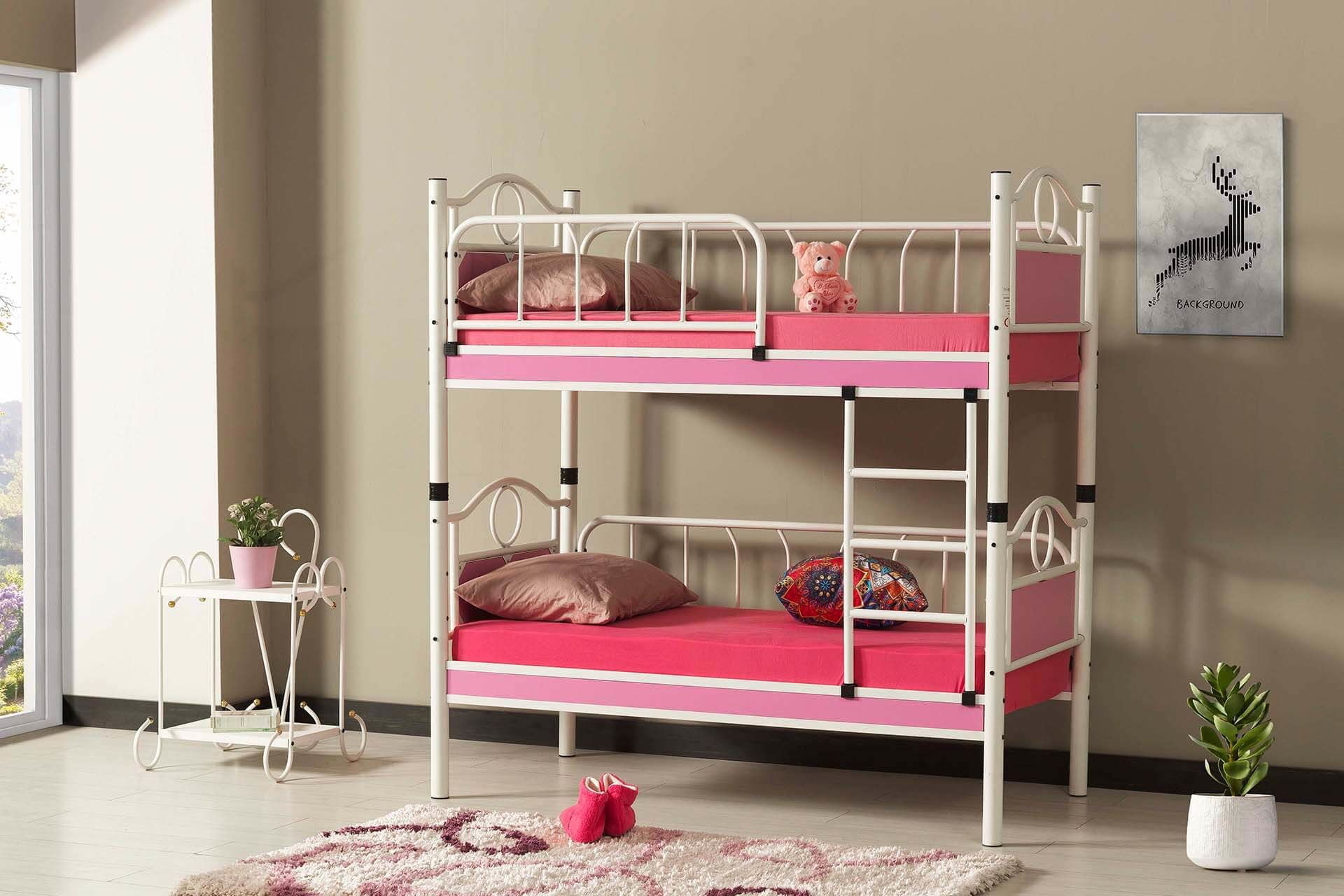 Argimo Zümrüt Bebek Çocuk Odası Ahşap Başlıklı Metal Beyaz Pembe Ranza ve Karyola - Argimo