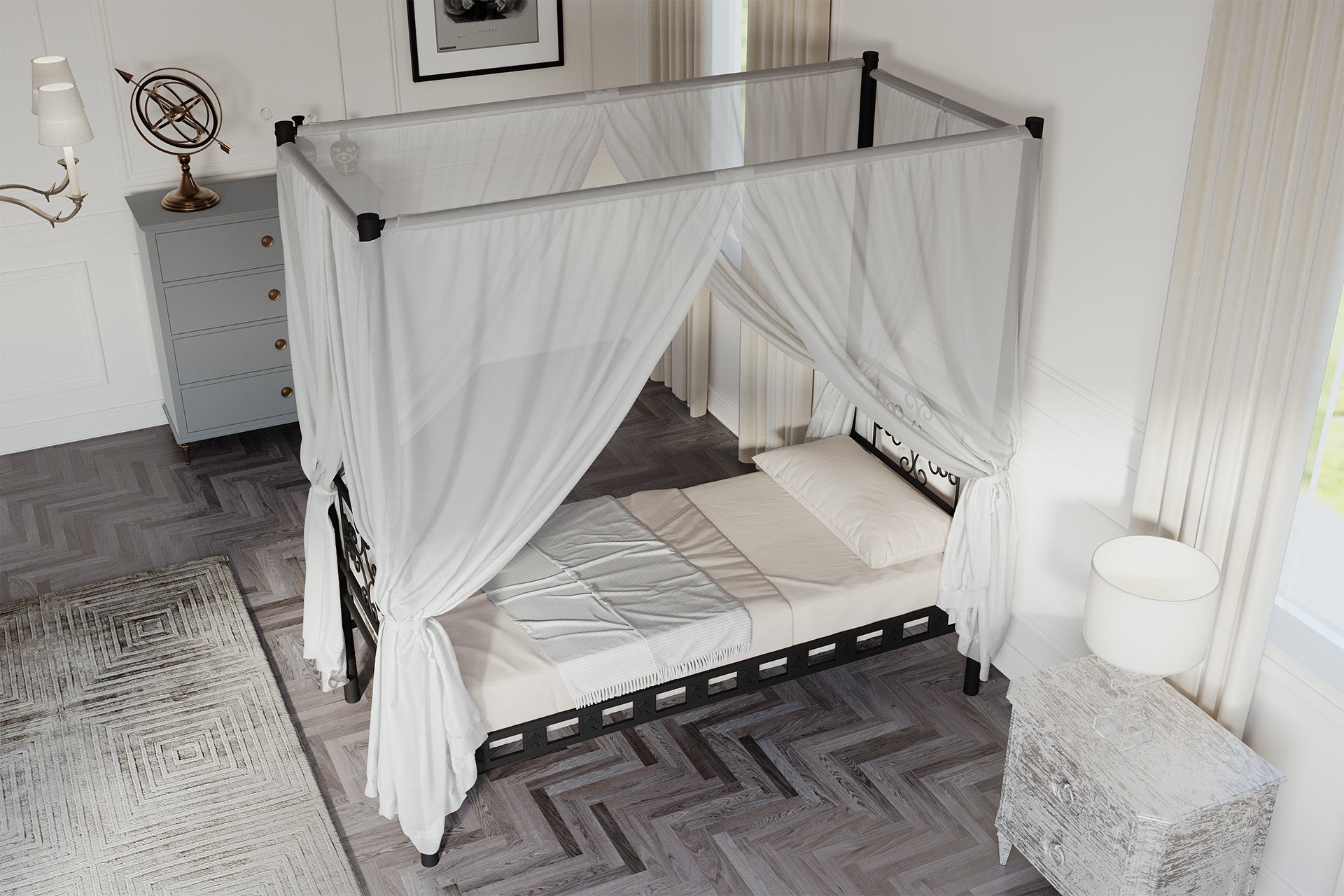 Argimo Stella Sultan Başlıklı Tek Kişilik Ferforje Siyah Metal Karyola (Cibinliksiz)