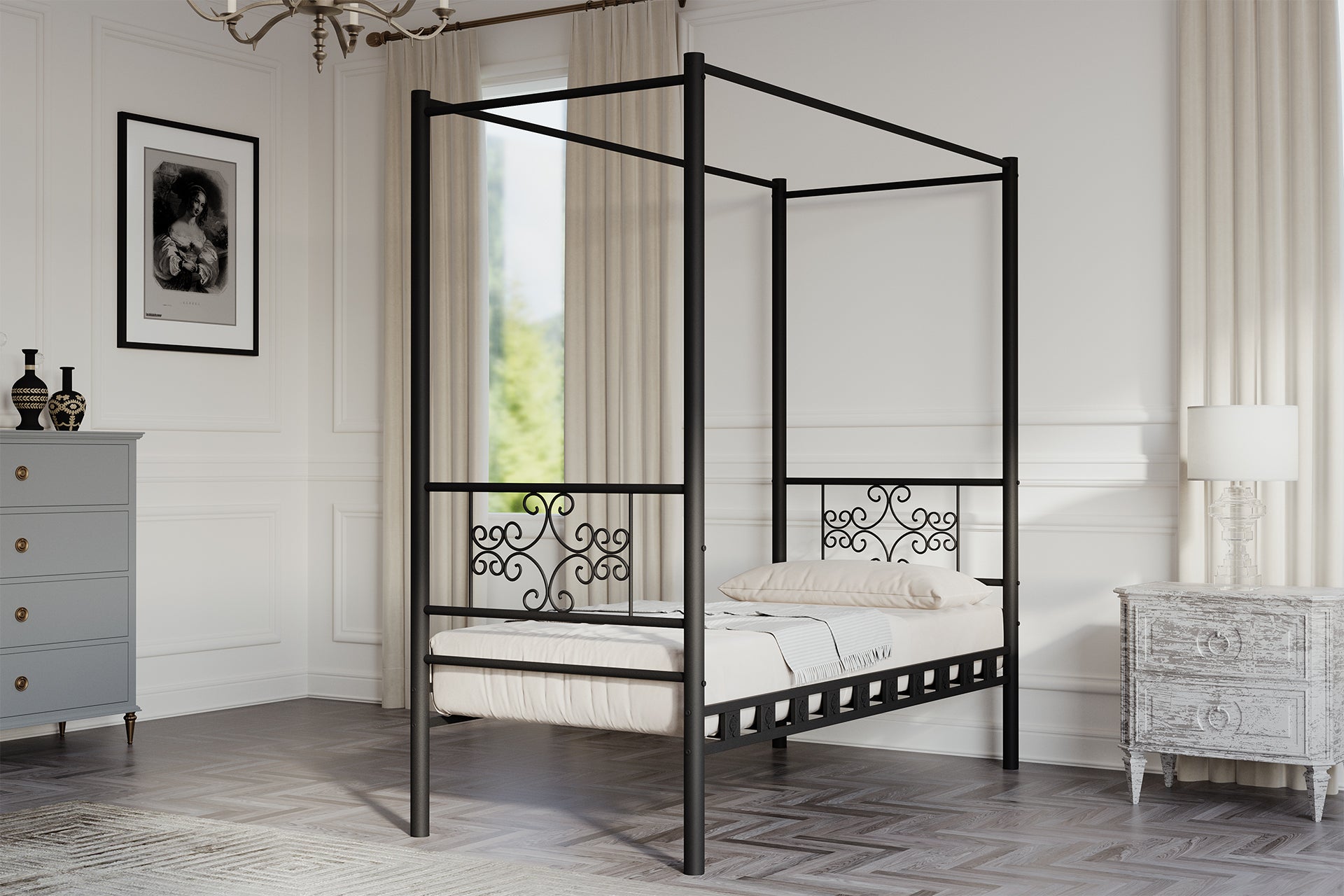 Argimo Stella Sultan Başlıklı Tek Kişilik Ferforje Siyah Metal Karyola (Cibinliksiz)