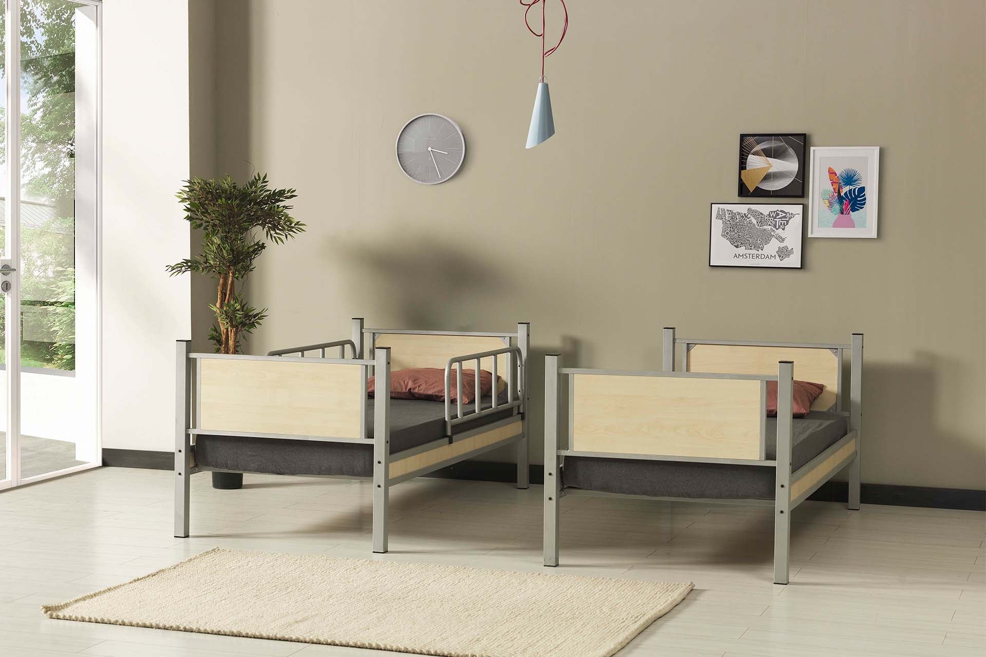 Argimo Yurt Genç Çocuk Odası Metal Ahşap Gri Ranza ve Karyola - Argimo