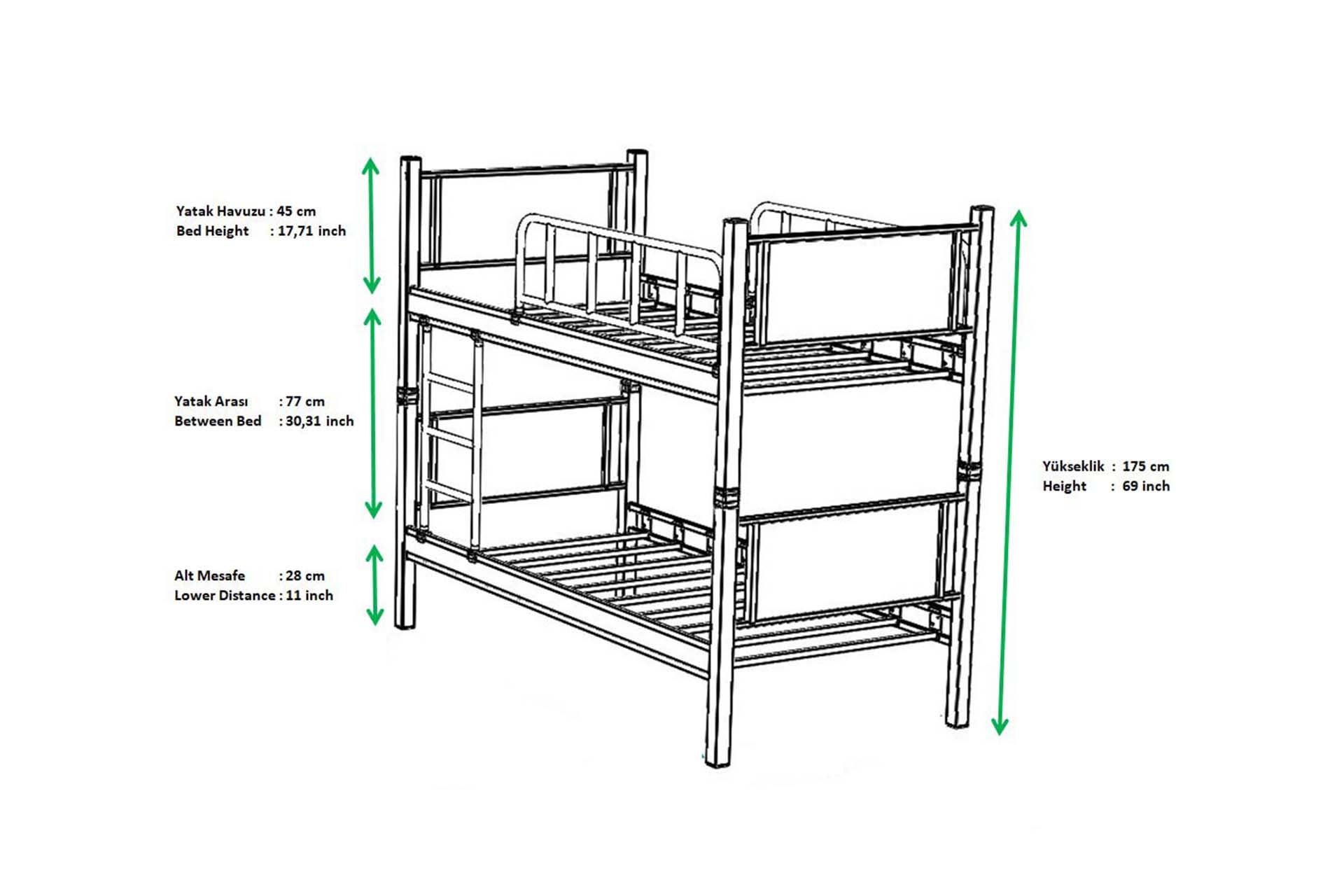 Argimo Yurt Genç Çocuk Odası Metal Ahşap Gri Ranza ve Karyola - Argimo