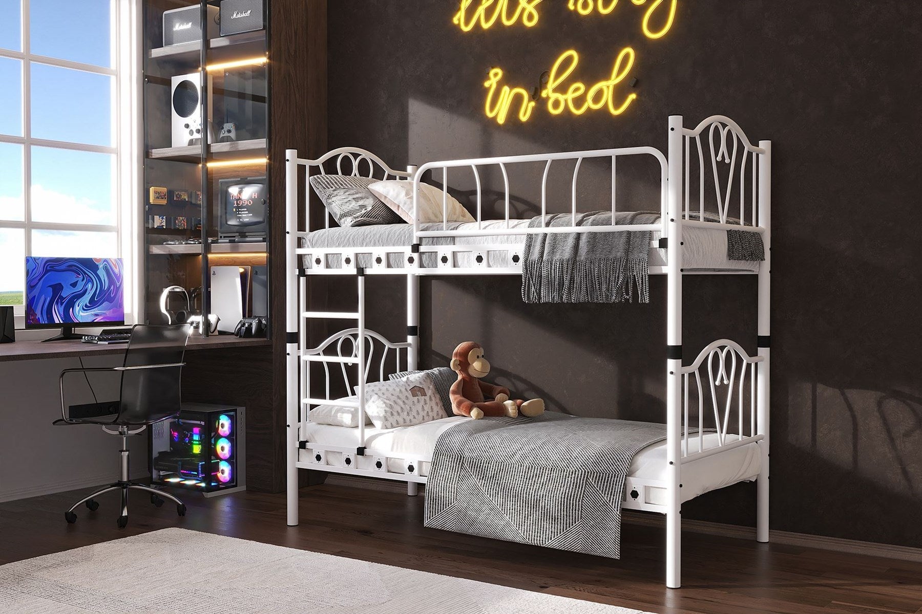 Argimo Orkide Genç Çocuk Odası Metal Beyaz Ranza ve Karyola