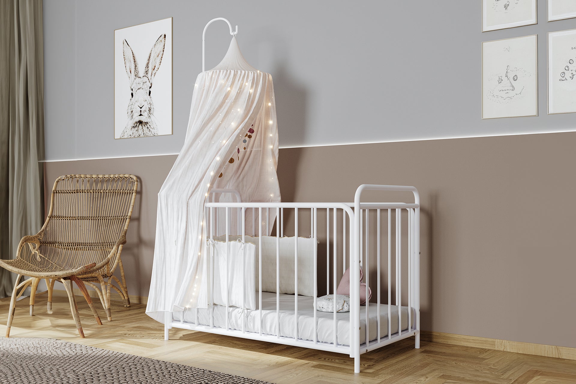 Argimo Bunny Metal Bebek Beşiği Seti 60x120 Beyaz (Beşik + Uyku Seti + Cibinlik + Yatak Dahil)