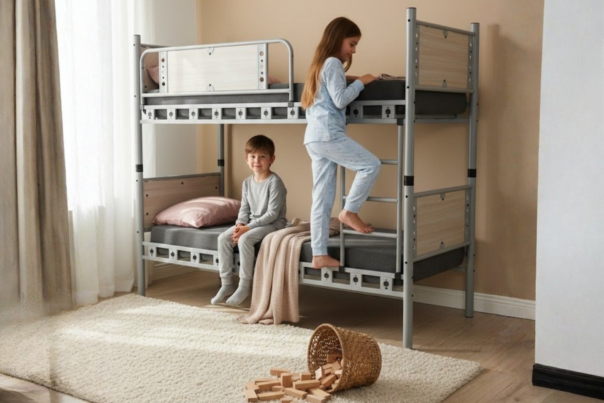 Argimo Elegan Genç Çocuk Odası Ahşap Başlıklı Metal Ranza ve Karyola