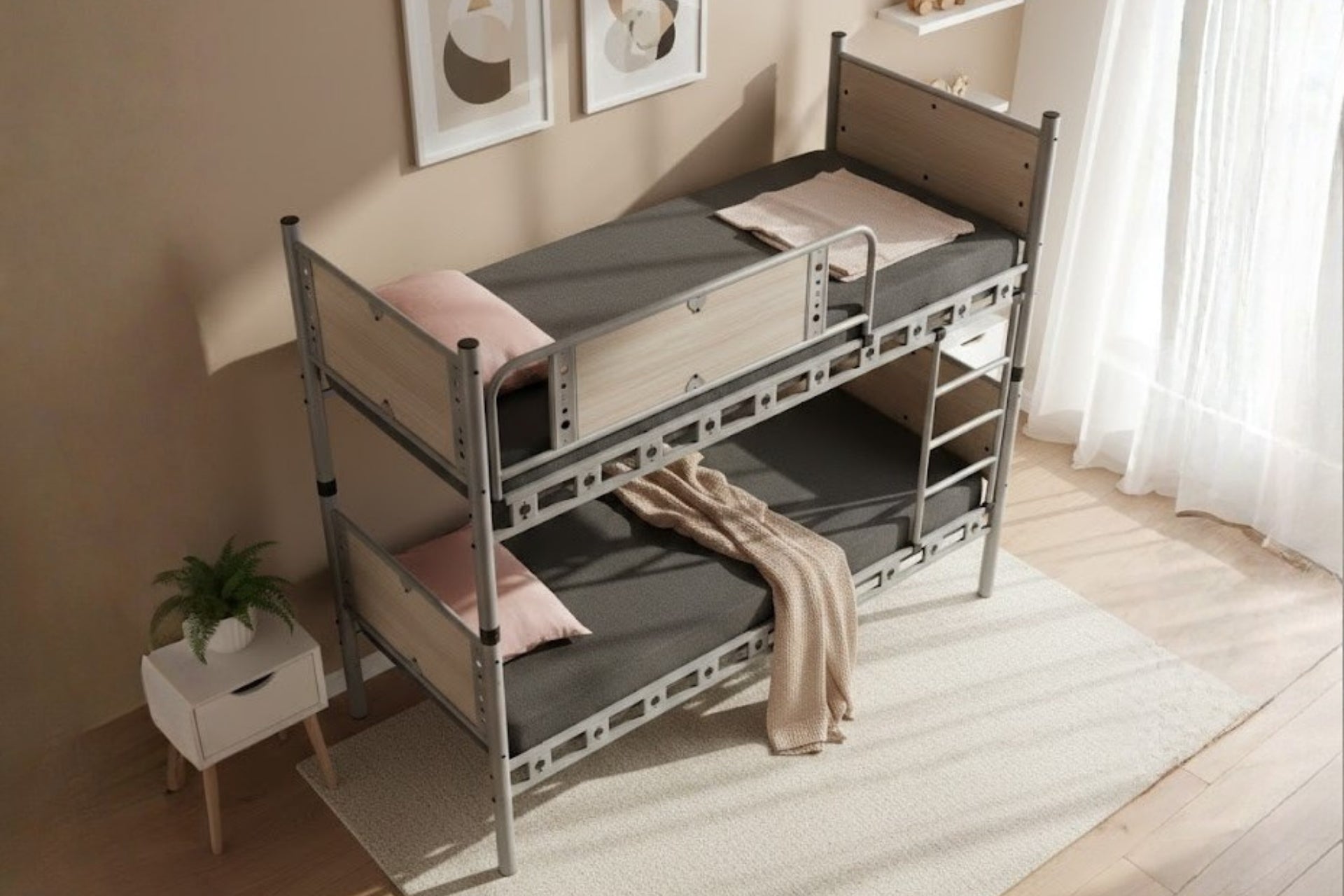 Argimo Elegan Genç Çocuk Odası Ahşap Başlıklı Metal Ranza ve Karyola