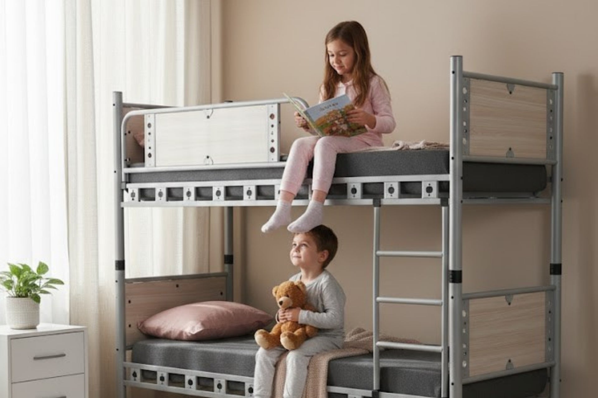 Argimo Elegan Genç Çocuk Odası Ahşap Başlıklı Metal Ranza ve Karyola