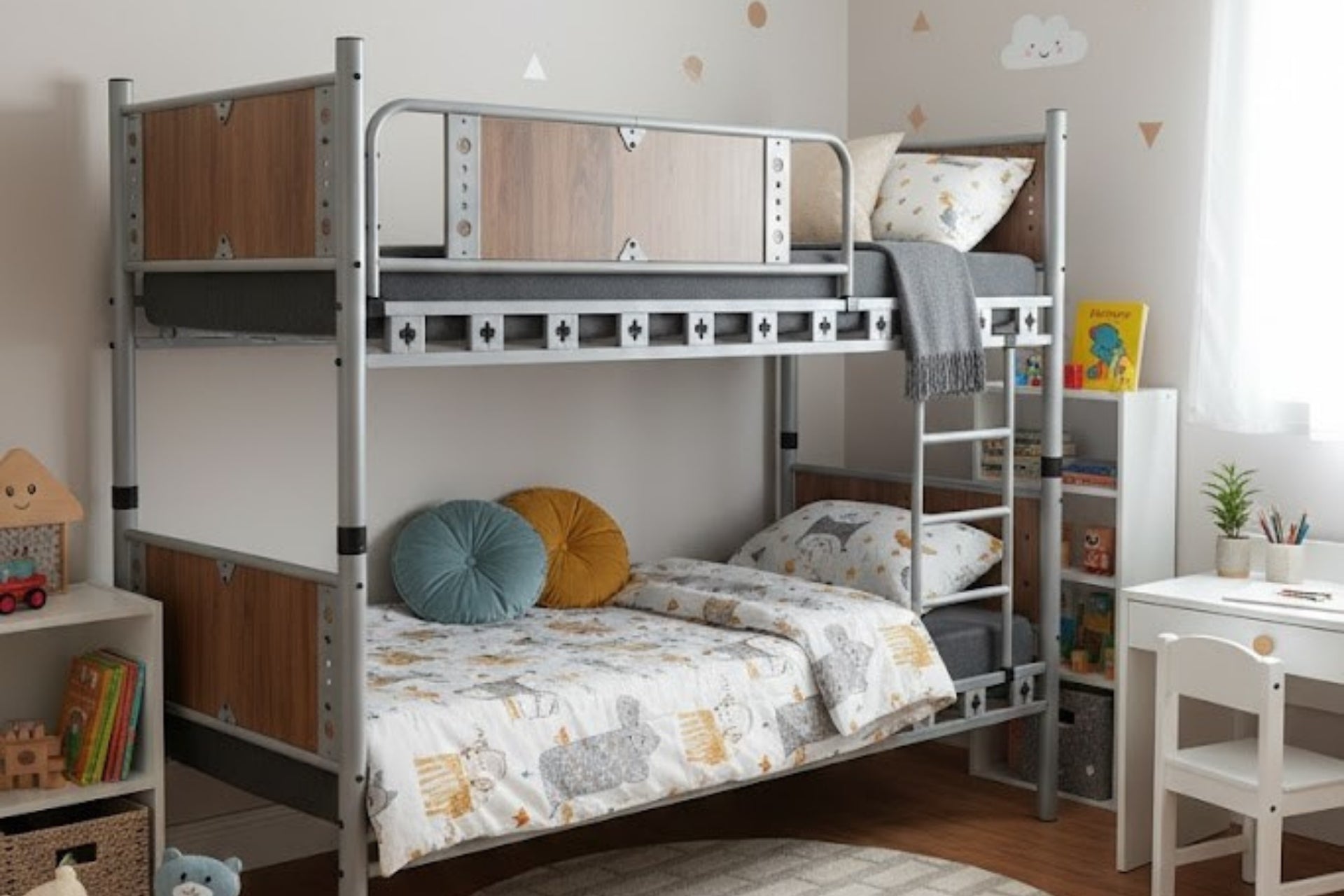 Argimo Elegan Genç Çocuk Odası Ahşap Başlıklı Metal Ranza ve Karyola