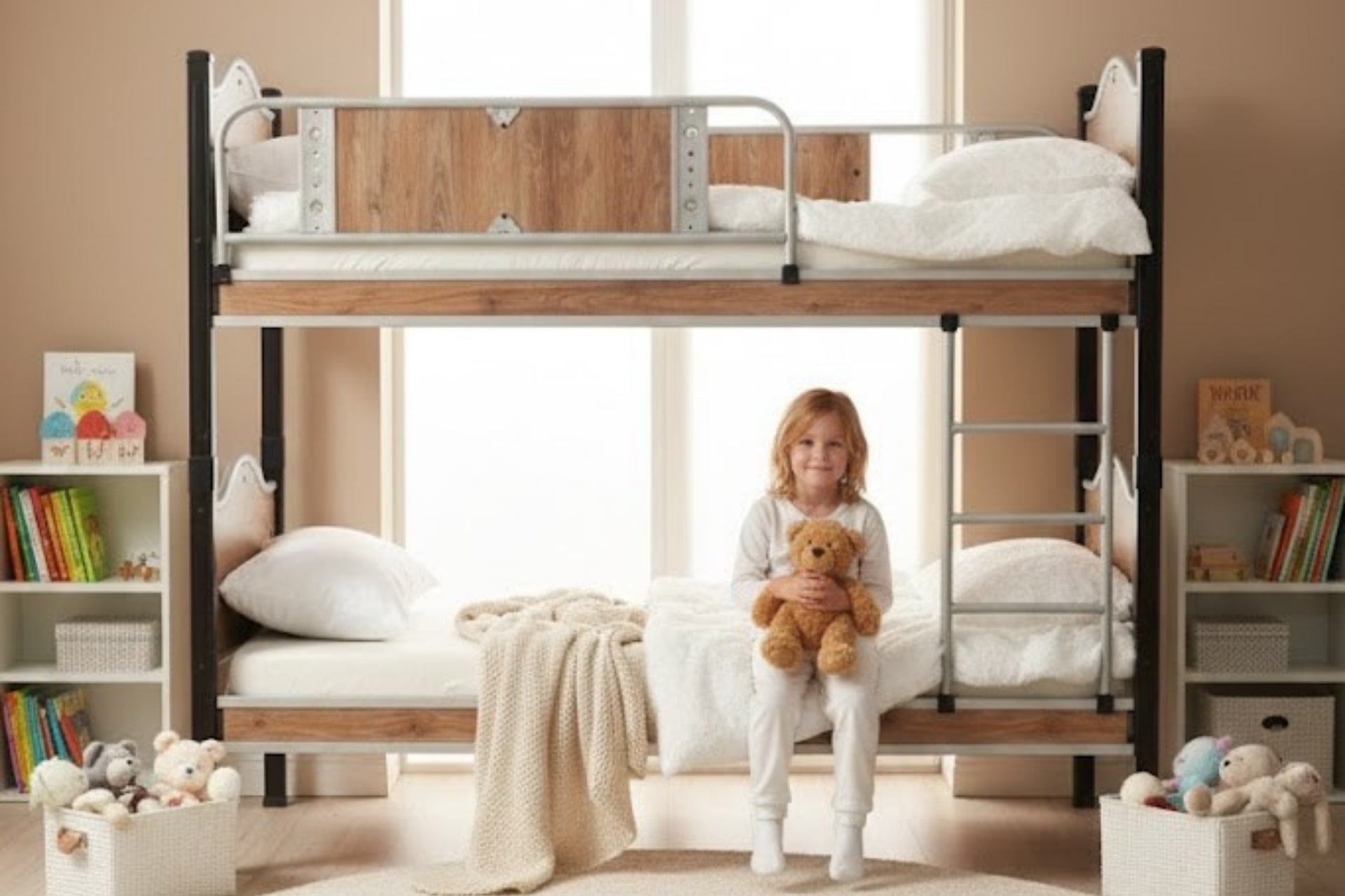 Argimo İnci Genç Çocuk Odası Metal Ahşap Siyah Ranza ve Karyola