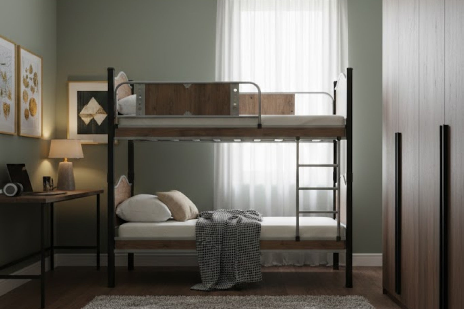 Argimo İnci Genç Çocuk Odası Metal Ahşap Siyah Ranza ve Karyola