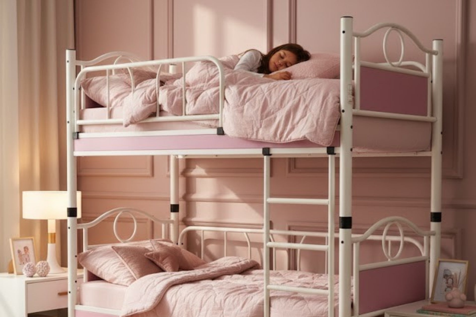 Argimo Zümrüt Bebek Çocuk Odası Ahşap Başlıklı Metal Beyaz Pembe Ranza ve Karyola