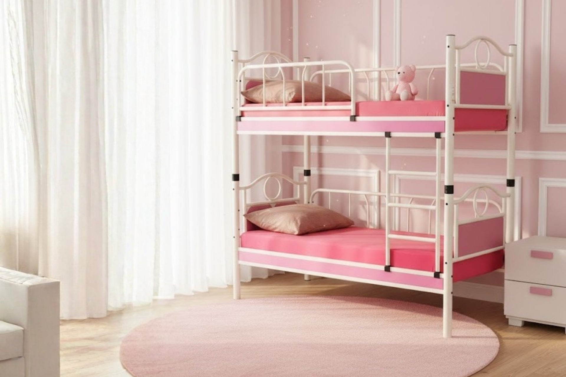 Argimo Zümrüt Bebek Çocuk Odası Ahşap Başlıklı Metal Beyaz Pembe Ranza ve Karyola