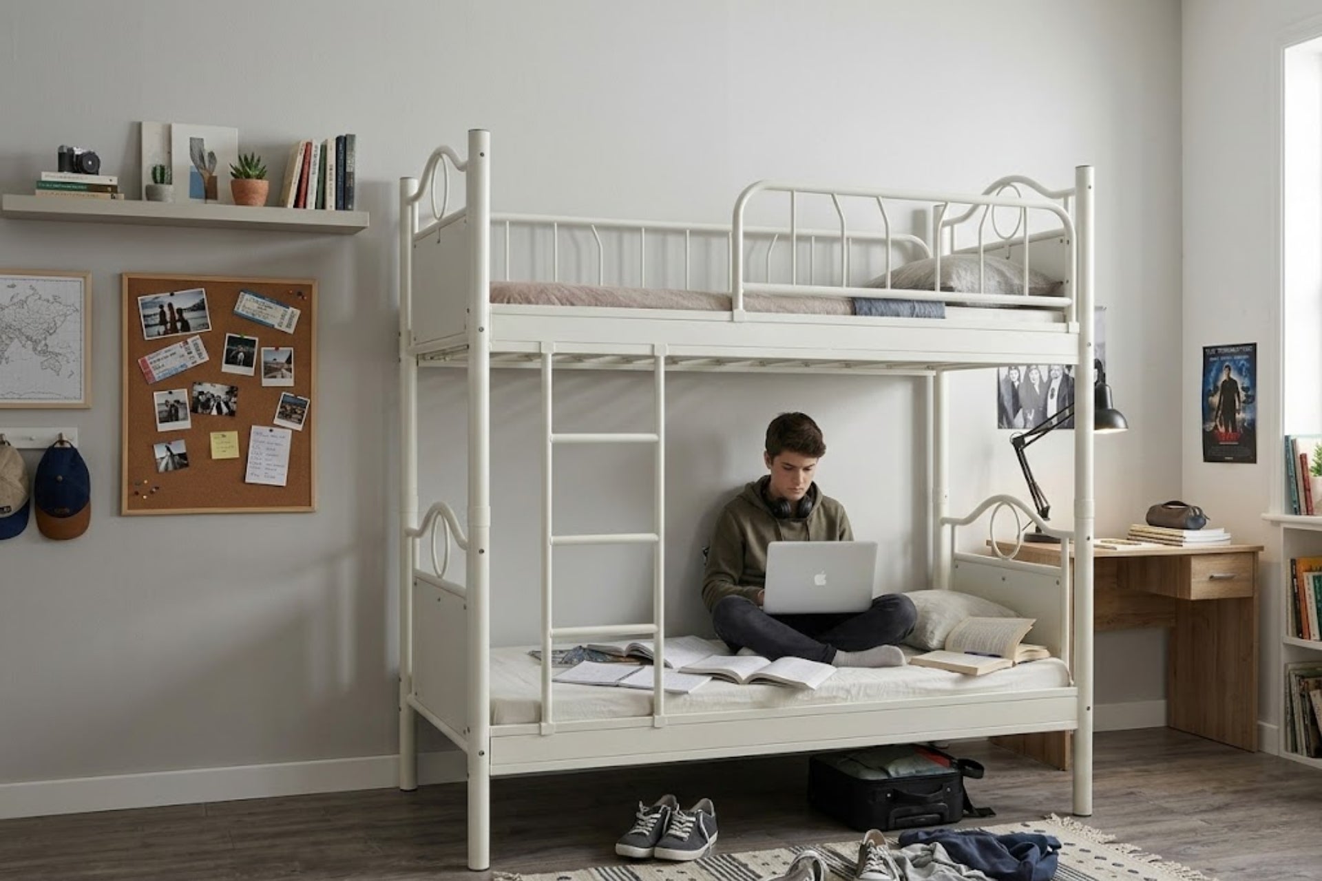 Argimo Zümrüt Genç Çocuk Odası Beyaz Metal Ranza ve Karyola