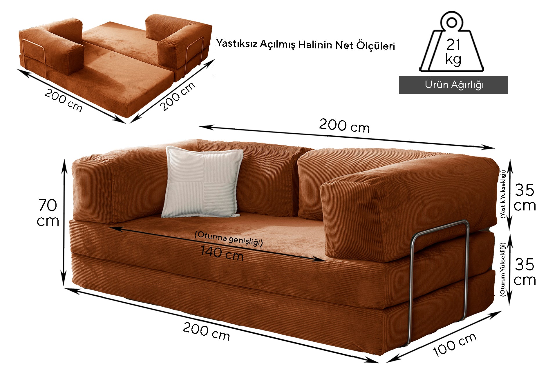 Argimo Godila Çok Amaçlı Sofa Çift Kişilik Yatak Koltuk Turuncu