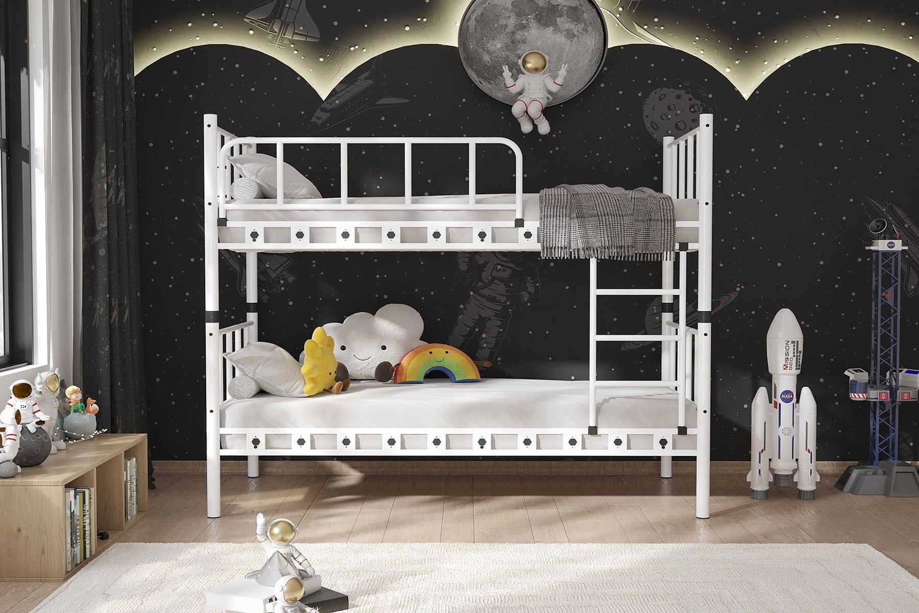Argimo Zambak Genç Çocuk Yatak Odası Beyaz Metal Ranza ve Karyola