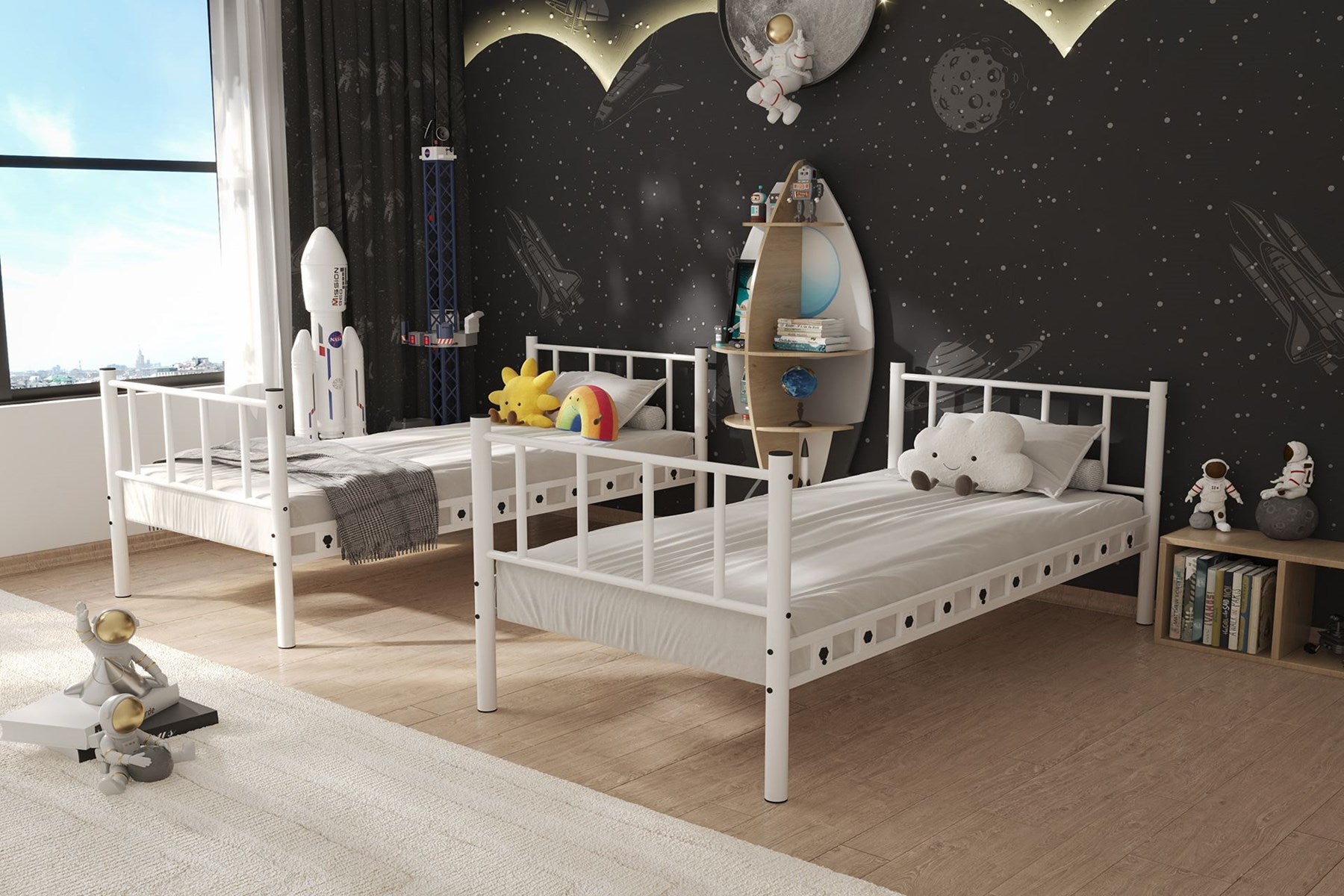 Argimo Zambak Genç Çocuk Yatak Odası Beyaz Metal Ranza ve Karyola